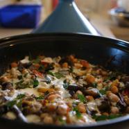 Roasted eggplant, tomato, and chickpea tagine with yoghurt