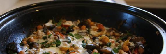 Roasted eggplant, tomato, and chickpea tagine with yoghurt
